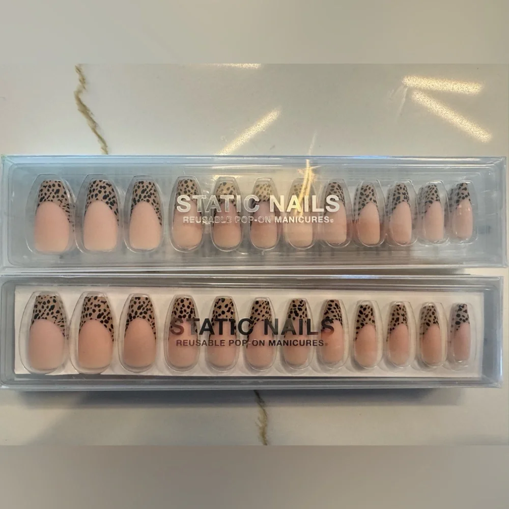 2 Static Nails Cheetah French Long Coffin Press-On Nails - Picture 2 of 4